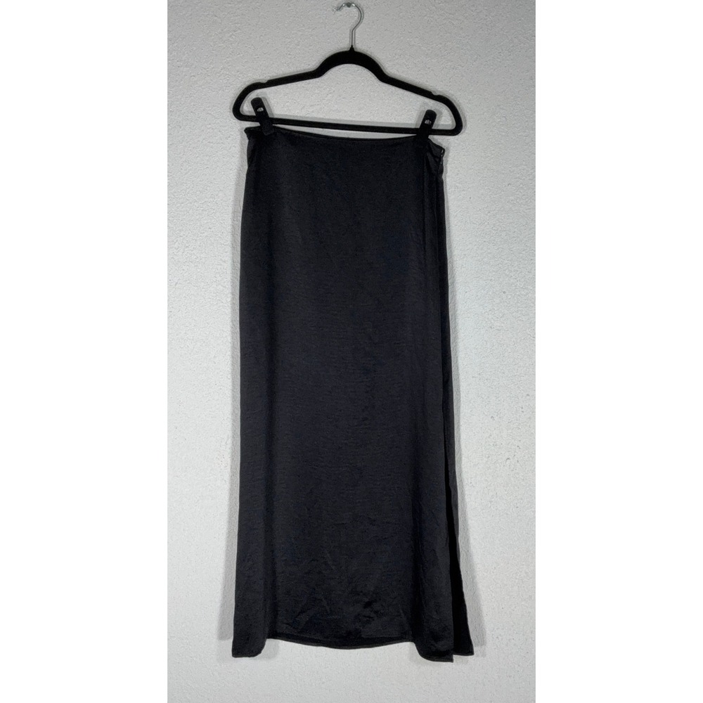 Forever 21 Black Satin Midi Skirt - L - Side Slit High Rise Minimalist 90s Chic
